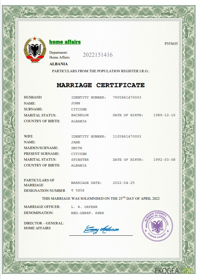 Certificat de mariage Albanie Word